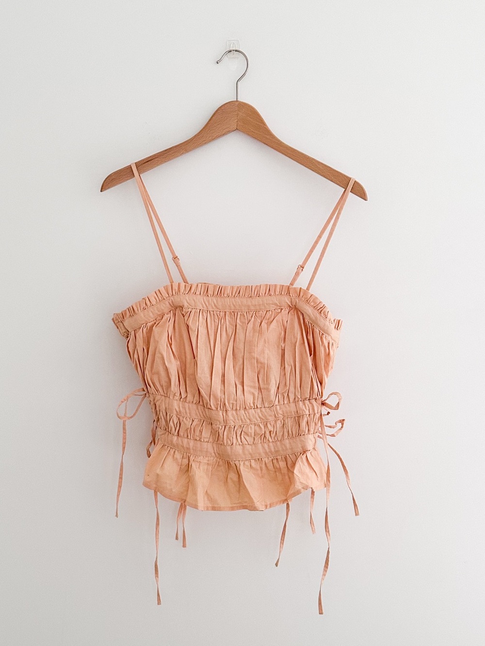 Free People Gabby Tube Top Peach Ruched Tie Sides Peplum Hem Removable Straps L